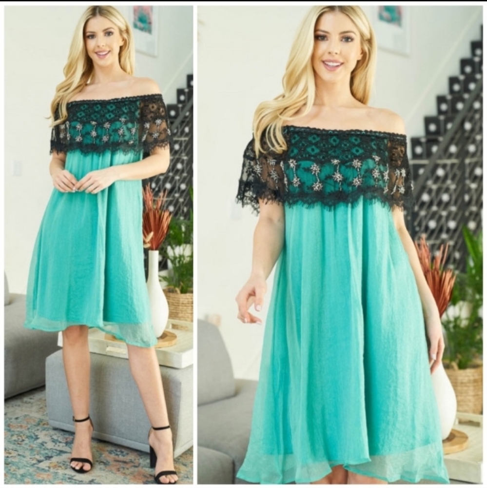 Teal Beaded Lace Dress